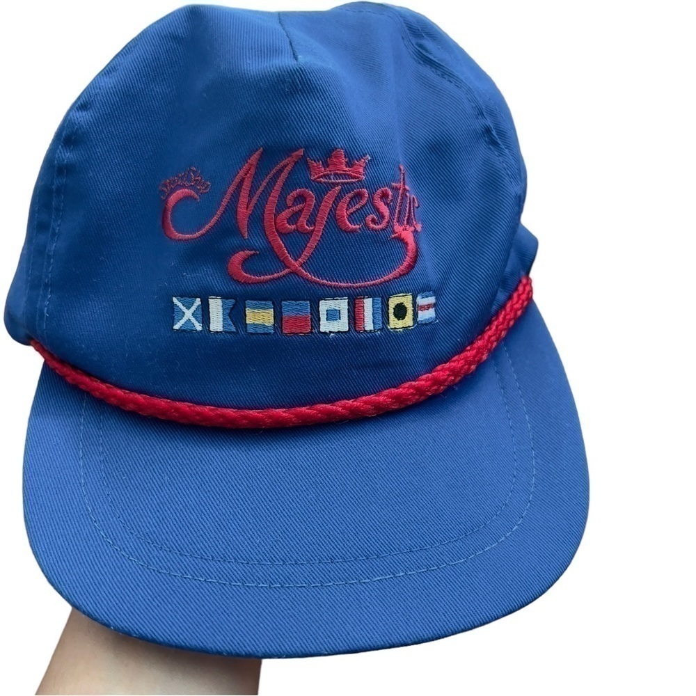 Vtg Classic Sportswear Majestic Flag Blue Roped Trucker Hat Cap Leather Strap